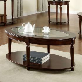 Transitional 1pc Coffee Table Dark Cherry Open Bottom Shelf Beveled Glass Top Turned Legs Living Room Furniture