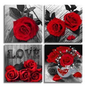 Canvas Wall Art Red Rose Painting Black and White Wall Art Flower Pictures Canvas Print for Living Room Bedroom Home Decorations 4 Pieces