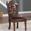 Traditional 2pcs Side Chairs Brown Cherry Leatherette Seats Faux Wood Carved Details Formal Solid wood Dining Room Furniture