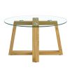 Modern practical circular coffee tables. Made of transparent tempered glass tabletop and wood colored MDF material. Suitable for living rooms and bedr