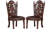 Traditional 2pcs Side Chairs Brown Cherry Leatherette Seats Faux Wood Carved Details Formal Solid wood Dining Room Furniture