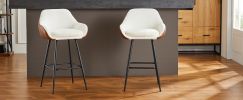 26" Modern Counter Height Bar Stools Set of 2, Mid Century Leather Upholstered Accent Arm Bar Stools