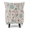 Elegant Vintage Fabric Club Chair, White and Blue Floral Pattern, Stylish Armchair for Classic Home Decor, Comfortable Seating for Relaxing Evenings