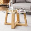 Modern practical circular coffee tables. Made of transparent tempered glass tabletop and wood colored MDF material. Suitable for living rooms and bedr