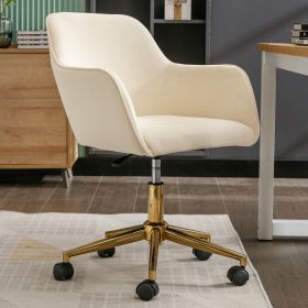 Modern Velvet Fabric Material Adjustable Height 360 revolving Home Office Chair with Gold Metal Legs and Universal Wheels for Indoor (Color: Beige)