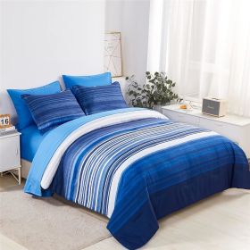 5 Piece Bed in A Bag Stripe Comforter Set Twin Size, White Grey Blue Striped Comforter and Sheet Set (Color: Blue, size: Full(7 Piece Set))