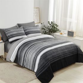 5 Piece Bed in A Bag Stripe Comforter Set Twin Size, White Grey Blue Striped Comforter and Sheet Set (Color: Grey, size: Queen(7 Piece Set))