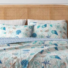 Full / Queen set, Summer Coastal Quilt with Sham, Beach 2-Piece Reversible All Season Bedspread Quilt Set. Lightweight Nautical (Color: Coral, size: Full   Queen)