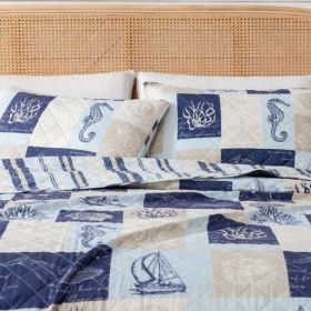 Full / Queen set, Summer Coastal Quilt with Sham, Beach 2-Piece Reversible All Season Bedspread Quilt Set. Lightweight Nautical (Color: Navy Taupe, size: Full   Queen)