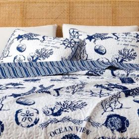 Full / Queen set, Summer Coastal Quilt with Sham, Beach 2-Piece Reversible All Season Bedspread Quilt Set. Lightweight Nautical (Color: Navy, size: Full   Queen)