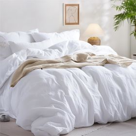 100% Washed Cotton Duvet Cover Cream Minimalist Duvet Cover Linen Like - 3 Pieces Plain Simple Cotton Duvet Cover Set (Color: 01 - Bright White, size: Queen (90  x 90 ))