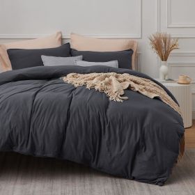 100% Washed Cotton Duvet Cover Cream Minimalist Duvet Cover Linen Like - 3 Pieces Plain Simple Cotton Duvet Cover Set (Color: DarkGrey, size: King (104  x 90 ))