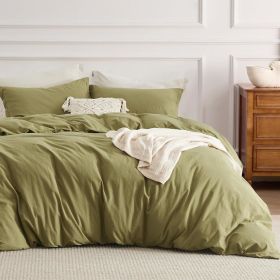 100% Washed Cotton Duvet Cover Cream Minimalist Duvet Cover Linen Like - 3 Pieces Plain Simple Cotton Duvet Cover Set (Color: 16 - Avocado, size: Queen (90  x 90 ))