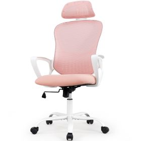 JHK Ergonomic Mesh Fixed Armrest Office Computer Desk Chair Adjustable Headrests Comfortable Lumbar Support For Home Office (Color: Pink)