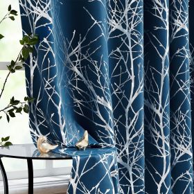 Metallic Tree Blackout Curtains Bedroom Length Living-Room Branch Print Curtain Panels Triple Weave Thermal Insulated Drapes (Color: Silver  Navy Blue, size: 50 W x 84 L 2pcs)