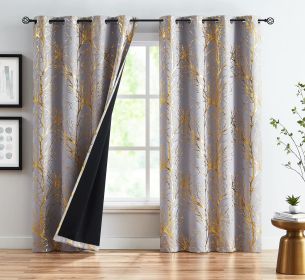 Metallic Tree Blackout Curtains Bedroom Length Living-Room Branch Print Curtain Panels Triple Weave Thermal Insulated Drapes (Color: Gold  Grey, size: 50 W x 84 L 2pcs)