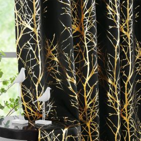 Metallic Tree Blackout Curtains Bedroom Length Living-Room Branch Print Curtain Panels Triple Weave Thermal Insulated Drapes (Color: Gold  Black, size: 50 W x 84 L 2pcs)