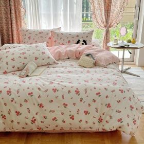 Duvet Cover Set Pure Cotton Women Girl Cute Quilt Cover Kawaii Strawberry Bedding Set 3 PCS 1 Queen Comfy Comforter Cover 2 (Color: Small Cherry, size: Queen)