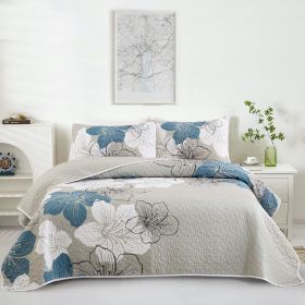 Floral Quilt Set 3 Pieces Boho Blue Floral Quilt Coverlet Set Soft Microfiber Lightweight Quilted Bedspread (Color: Blue -King)