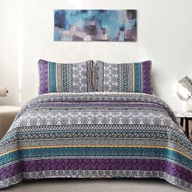 Boho Quilt Set , Yellow Bohemian 3 Pieces Quilt Sets, Lightweight Microfiber Bedspread Coverlet Bedding Set for All Season (Color: Purple, size: Full)