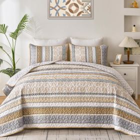 Boho Quilt Set , Yellow Bohemian 3 Pieces Quilt Sets, Lightweight Microfiber Bedspread Coverlet Bedding Set for All Season (Color: Brown, size: King)