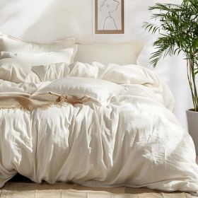 100%Washed Cotton Duvet Cover Minimalist Duvet Cover Linen Like 3 Pieces Plain Simple Cotton Duvet Cover Set with 2 Pillow Shams (Color: 03 - Cream, size: King (104  x 90 ))