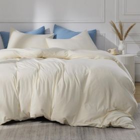 100%Washed Cotton Duvet Cover Minimalist Duvet Cover Linen Like 3 Pieces Plain Simple Cotton Duvet Cover Set with 2 Pillow Shams (Color: - Cream White, size: Queen (90  x 90 ))