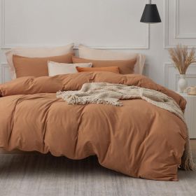 100%Washed Cotton Duvet Cover Minimalist Duvet Cover Linen Like 3 Pieces Plain Simple Cotton Duvet Cover Set with 2 Pillow Shams (Color: Caramel Pumpkin, size: Queen (90  x 90 ))