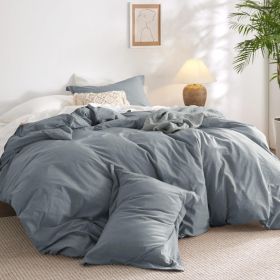 100%Washed Cotton Duvet Cover Minimalist Duvet Cover Linen Like 3 Pieces Plain Simple Cotton Duvet Cover Set with 2 Pillow Shams (Color: 11 - Grayish Blue, size: Queen (90  x 90 ))