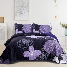 Floral Quilt Set Boho Bedspread 3 Pieces Soft Lightweight Coverlet with 2 Pillow Shams for All Season (Color: Purple, size: Queen)