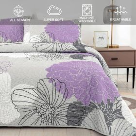 Floral Quilt Set Boho Bedspread 3 Pieces Soft Lightweight Coverlet with 2 Pillow Shams for All Season (Color: Purple Floral, size: King)