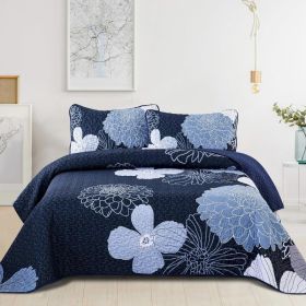 Floral Quilt Set Boho Bedspread 3 Pieces Soft Lightweight Coverlet with 2 Pillow Shams for All Season (Color: Navy Blue, size: Queen)