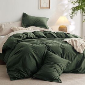 100%Washed Cotton Duvet Cover Minimalist Duvet Cover Linen Like 3 Pieces Plain Simple Cotton Duvet Cover Set with 2 Pillow Shams (Color: 09 - Olive Green, size: Queen (90  x 90 ))